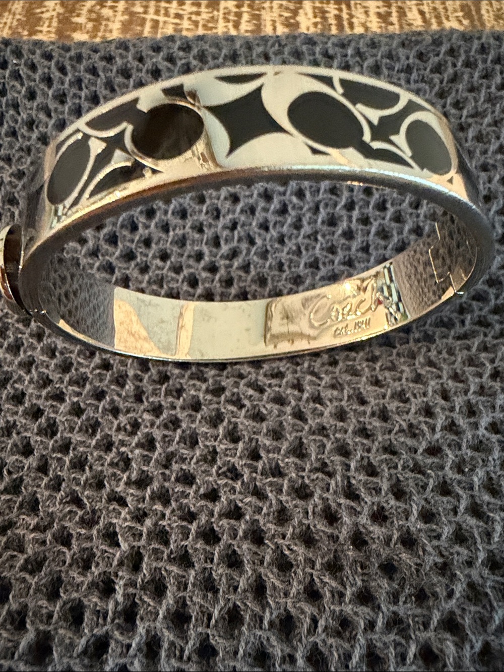 Coach Silver-Tone Black Enamel Signature Cuff Bracelet